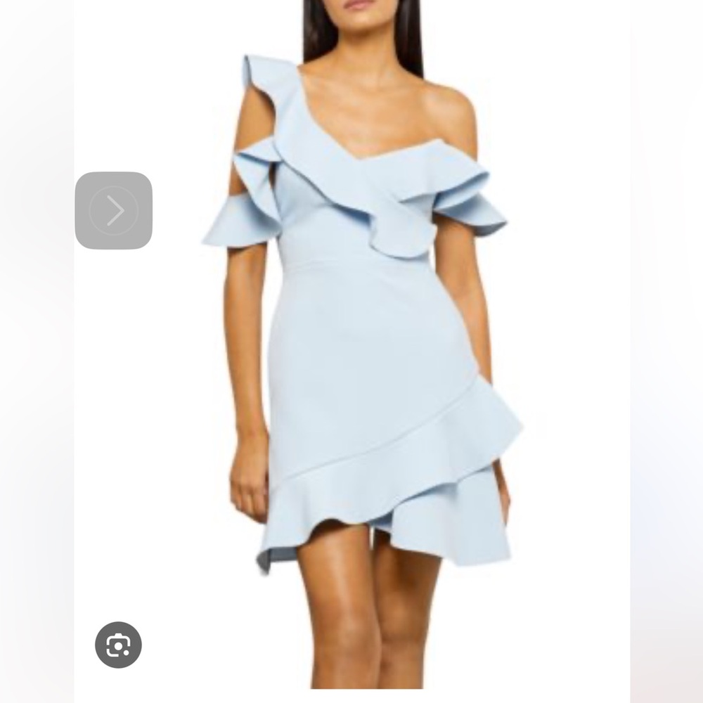BCBGMaxAzria Asymmetrical Ruffle Dress in Light Blue